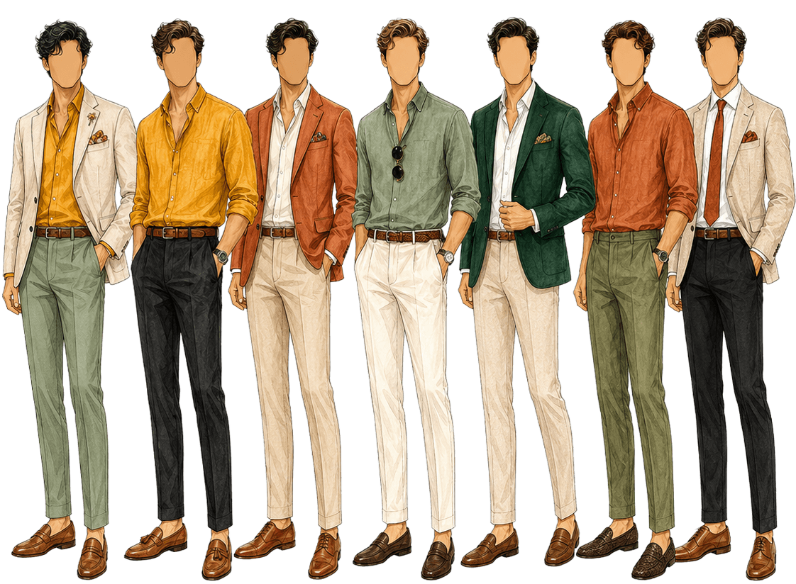 Gentlemen's outfit inspiration — earth-toned shirts, blazers and trousers
